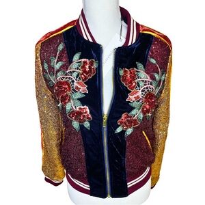 Dance & Marvel Women's Full Zip Disco Glitter Bomber Jacket NWT